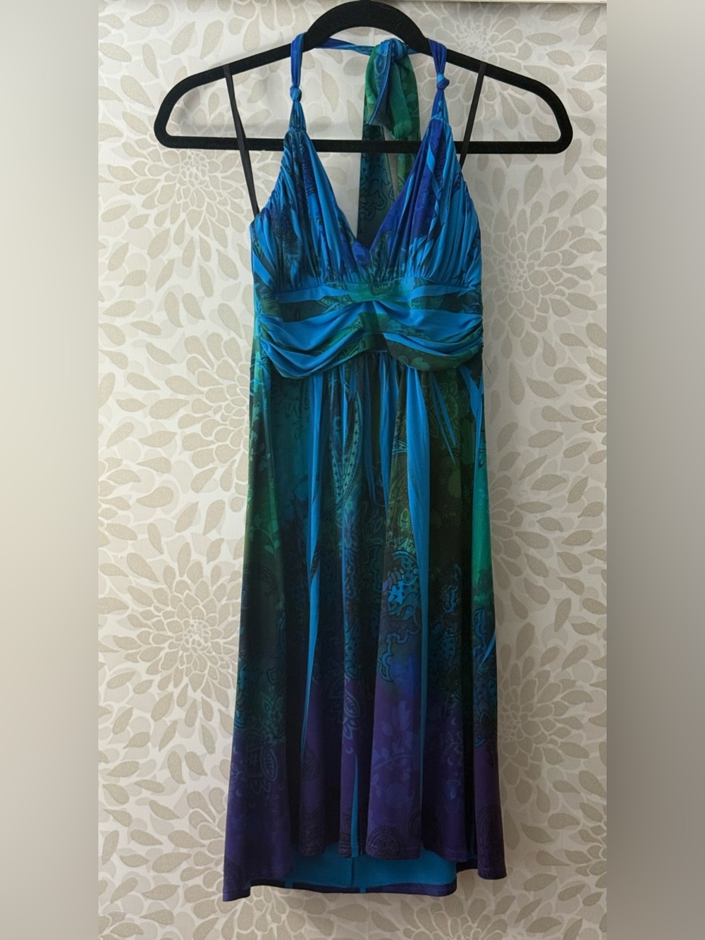 Vintage Y2K City Studio Women’s M Blue Purple Paisley Empire Waist Halter Dress